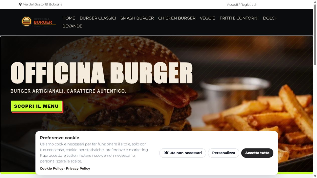 Web app mobile Officina Burger dentro uno smartphone