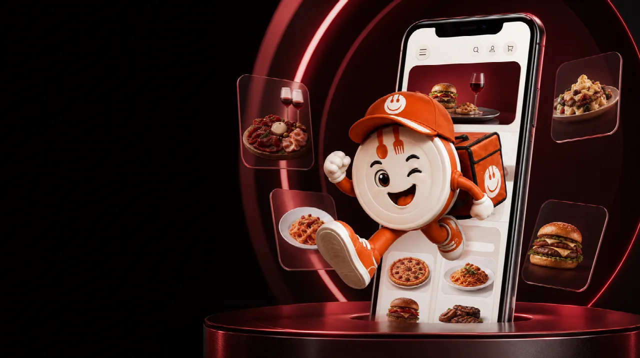 Mascotte Vorrei Ordinare che porta fuori dal telefono la web app personalizzata